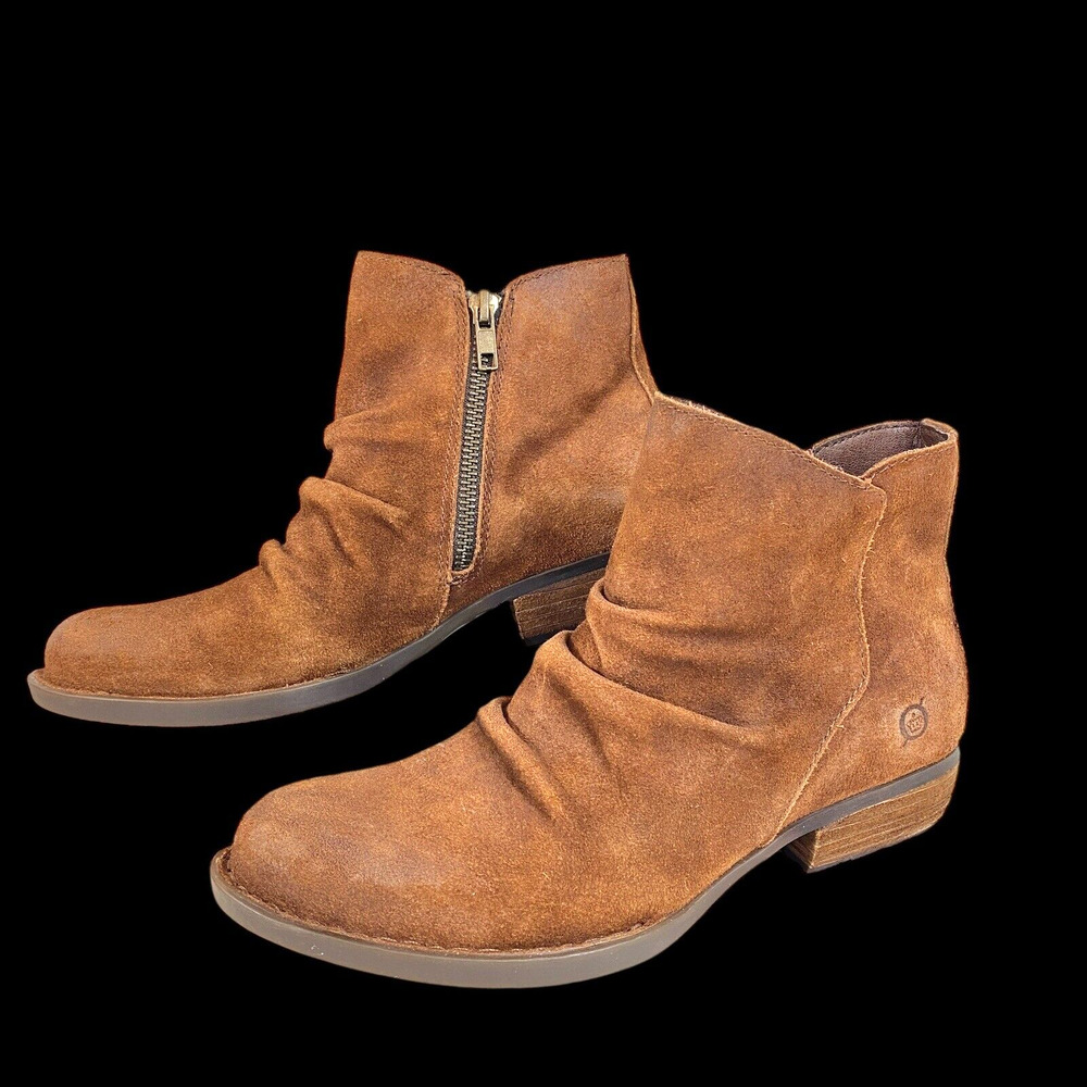 Womens 6.5 Ankle Boots Booties Born Falco Shoes Brown Distressed Suede Zip EXC